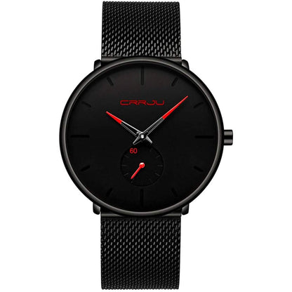 Minimalist black wrist watch with black mesh strap, black dial, red hands and small subdial