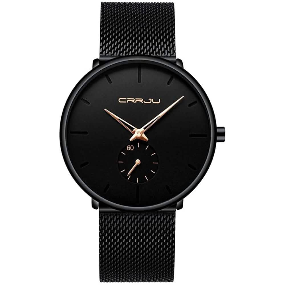 Minimalist black wrist watch with black mesh strap, black dial, gold hands and subdial
