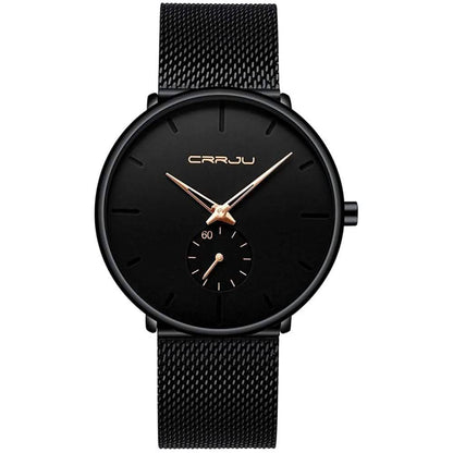 Minimalist black wrist watch with black mesh strap, black dial, gold hands and subdial