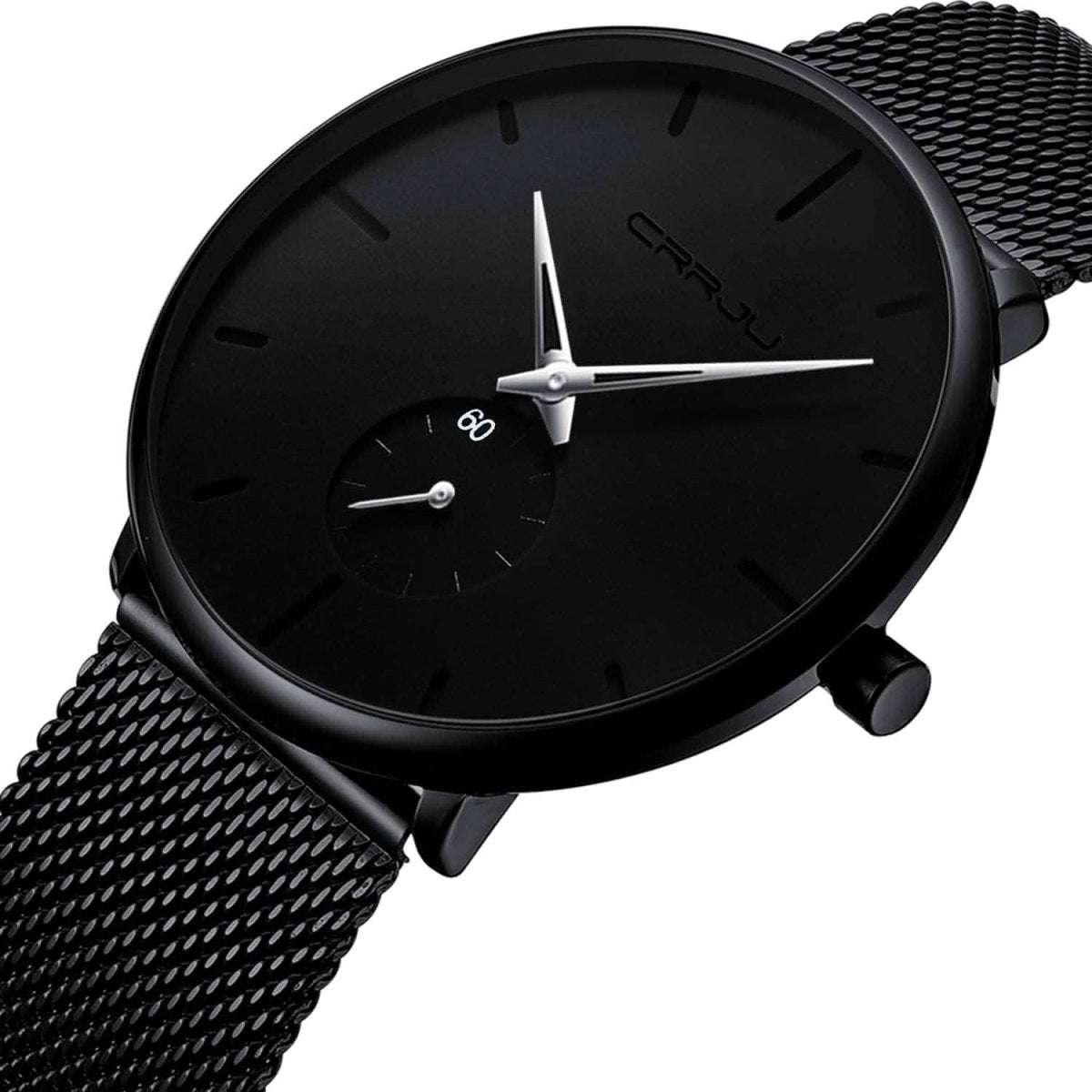 Black round wrist watch with black dial and mesh metal strap, angled view