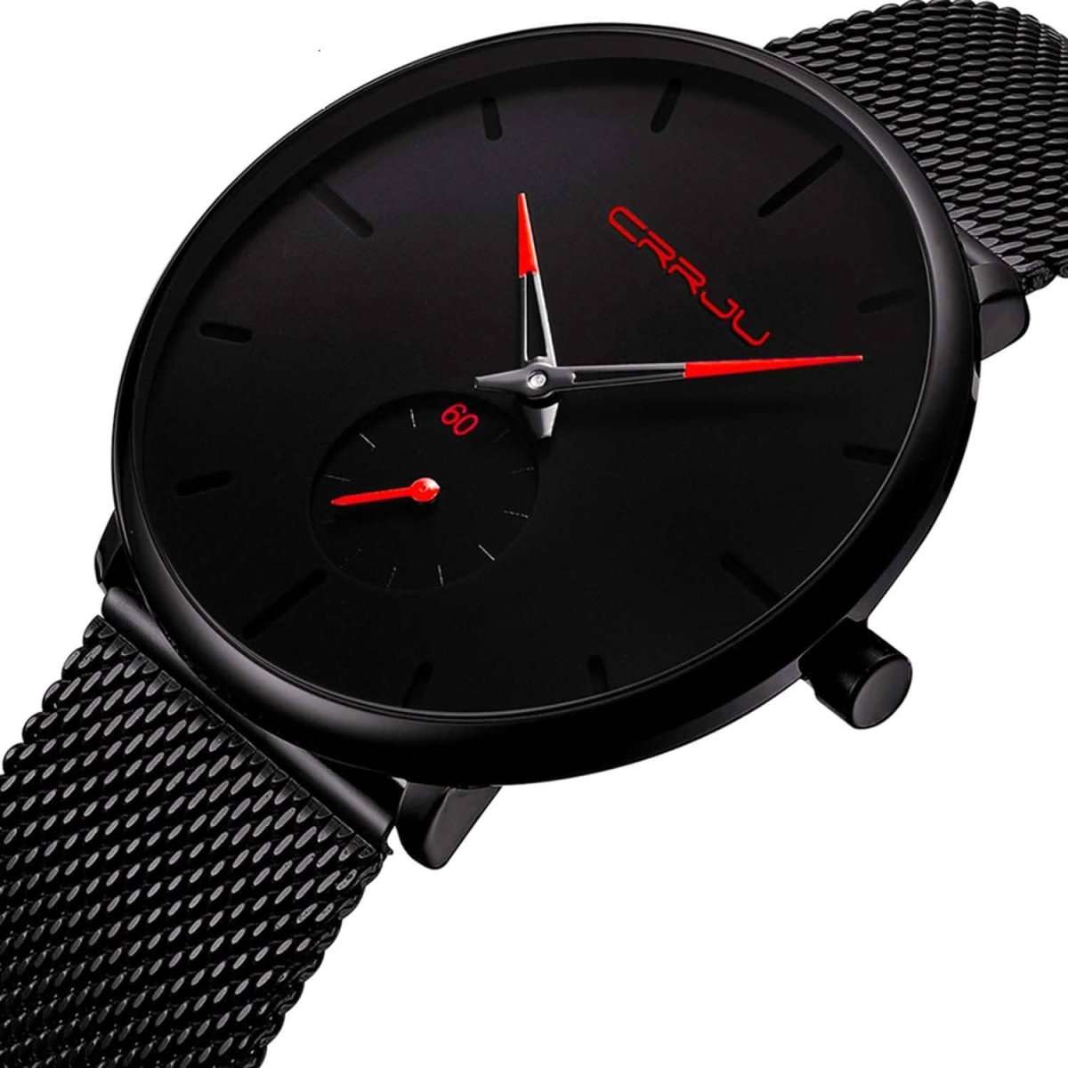 Black round wrist watch with black dial, red hands, and mesh metal strap