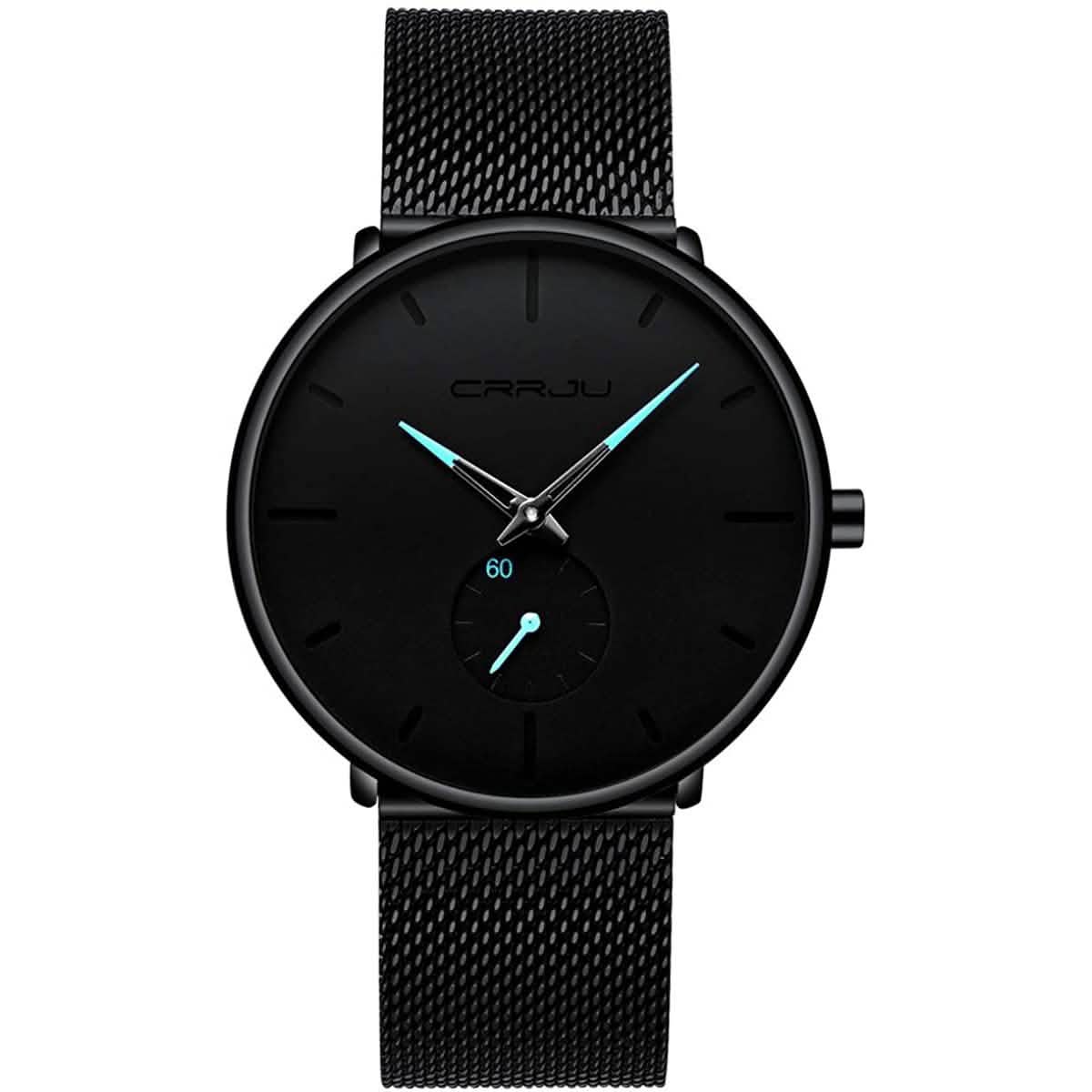 Men's minimalist waterproof wrist watch with black mesh strap and black dial, teal second hand