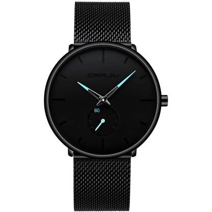 Men's minimalist waterproof wrist watch with black mesh strap and black dial, teal second hand