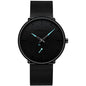 Men's minimalist waterproof wrist watch with black mesh strap and black dial, teal second hand