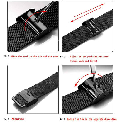 Black mesh watch band with adjustable buckle tabs and latch mechanism