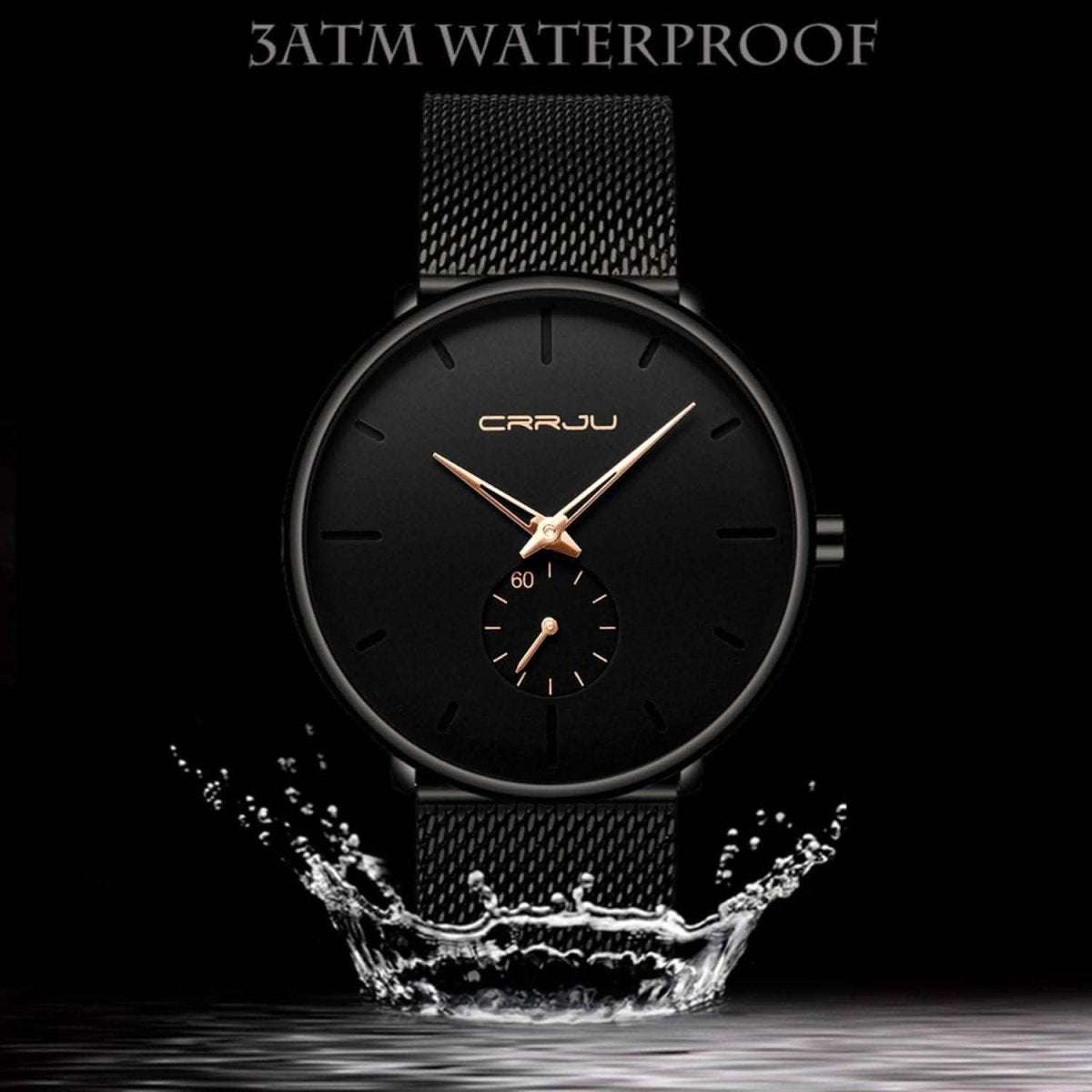 Minimalist black wrist watch with black mesh strap, black dial, gold hands and subdial
