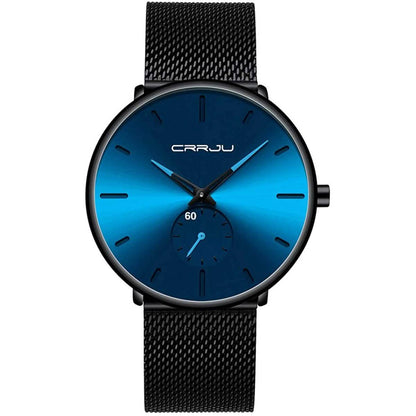 Blue minimalist wrist watch front view, black mesh band, round blue dial and dark bezel