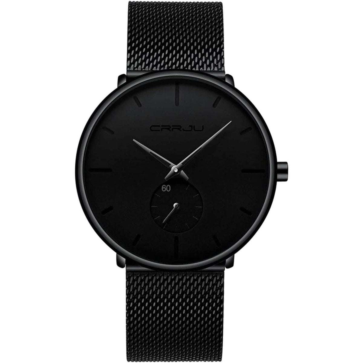 Men's minimalist waterproof wrist watch with black mesh strap and black dial, silver hands
