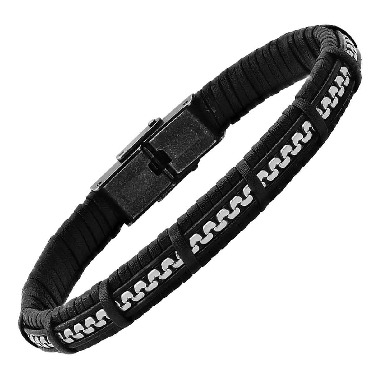 Men's Black Braided Leather and Inlay Stainless Steel Box Chain Bracelet - Cartsfy Inc.