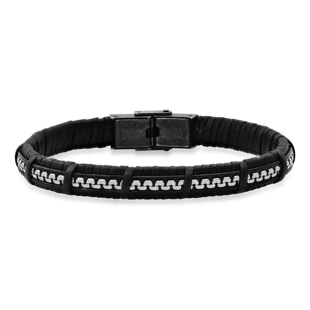 Men's Black Braided Leather and Inlay Stainless Steel Box Chain Bracelet - Cartsfy Inc.