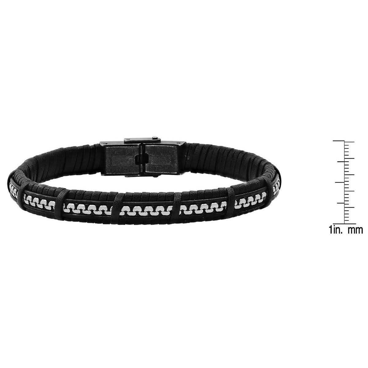 Men's Black Braided Leather and Inlay Stainless Steel Box Chain Bracelet - Cartsfy Inc.