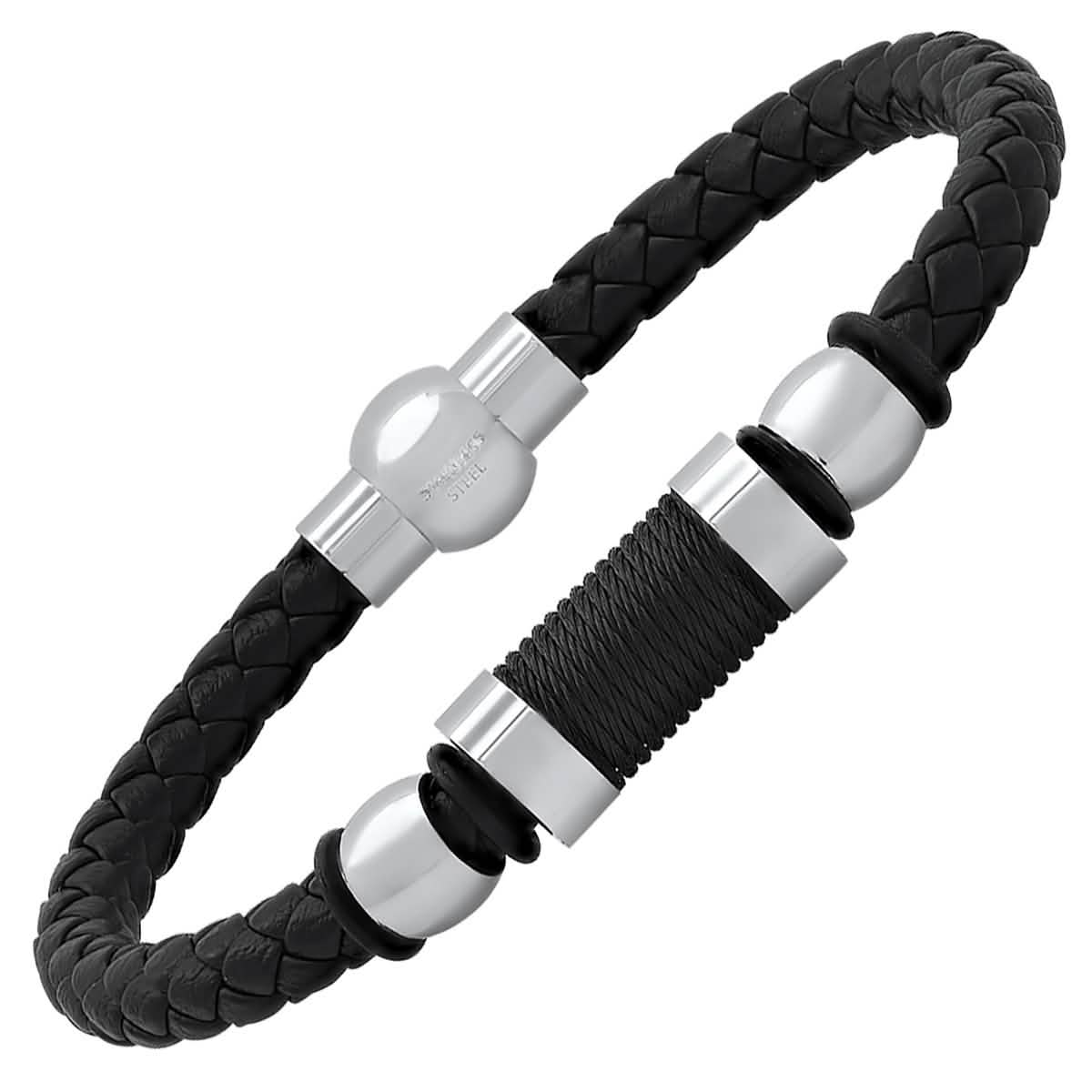 Men's Black Braided Leather, Black Threat and Stainless Steel Bracelet - Cartsfy Inc.