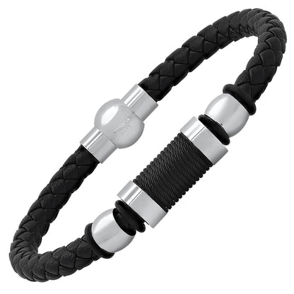 Men's Black Braided Leather, Black Threat and Stainless Steel Bracelet - Cartsfy Inc.