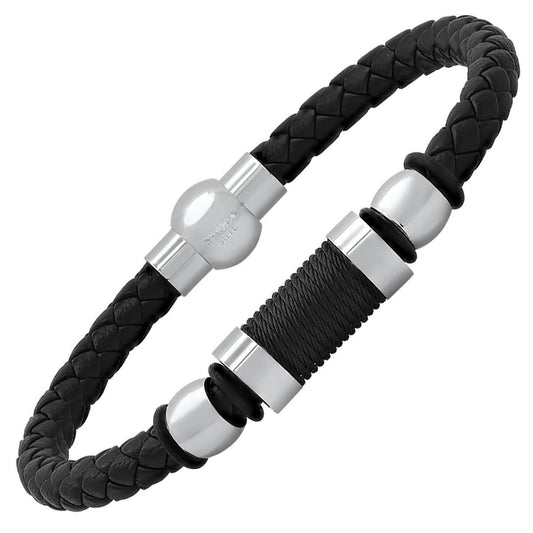 Men's Black Braided Leather, Black Threat and Stainless Steel Bracelet - Cartsfy Inc.