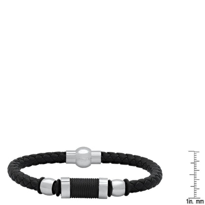 Men's Black Braided Leather, Black Threat and Stainless Steel Bracelet - Cartsfy Inc.
