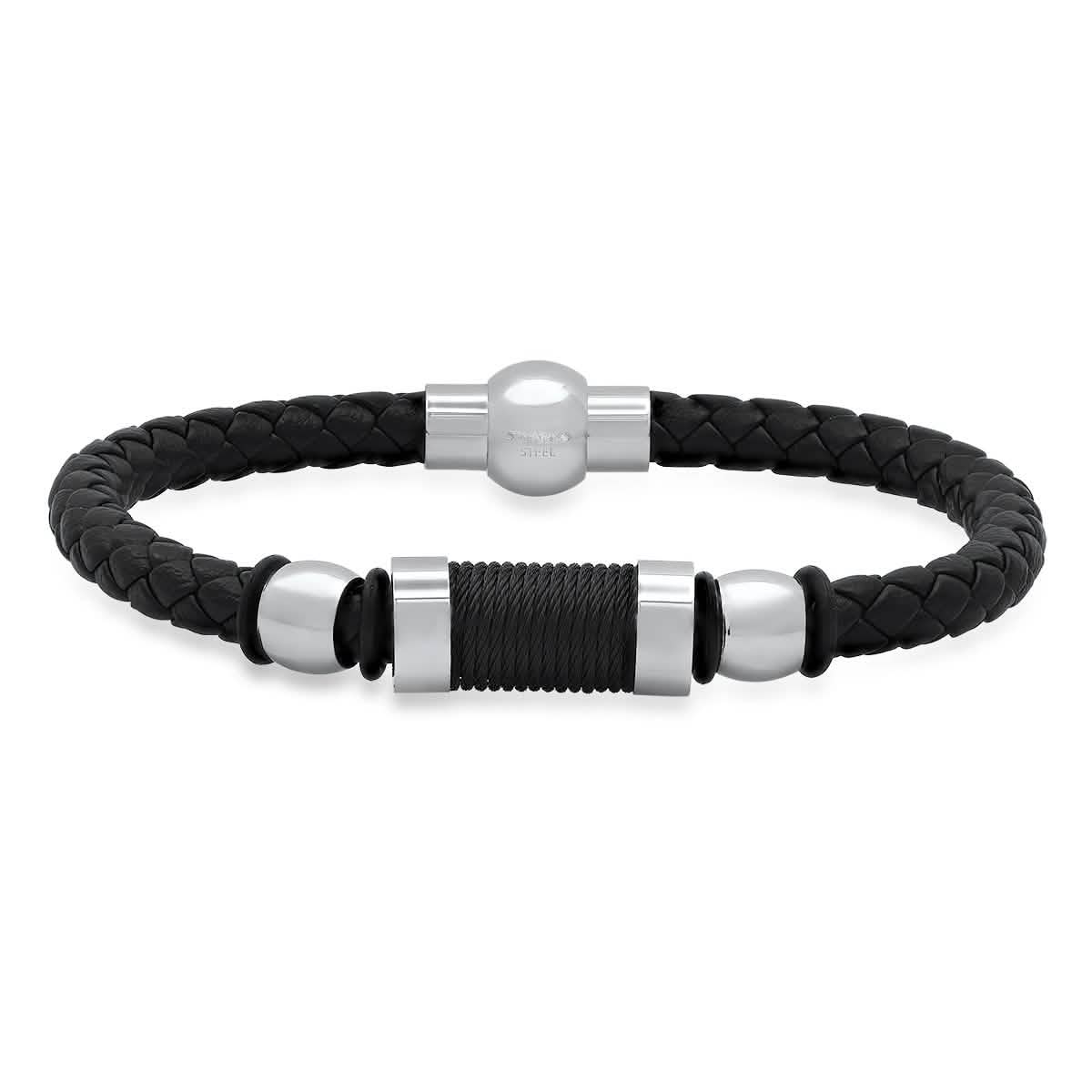 Men's Black Braided Leather, Black Threat and Stainless Steel Bracelet - Cartsfy Inc.