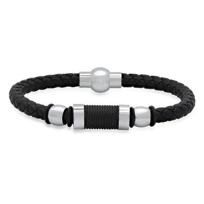 Men's Black Braided Leather, Black Threat and Stainless Steel Bracelet - Cartsfy Inc.