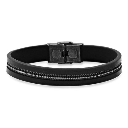 Men's Black Leather and Two Tone Black IP & Stainless Steel Inlay Wheat Chain Bracelet - Cartsfy Inc.