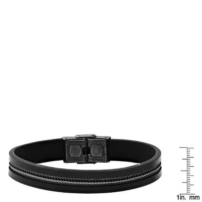 Men's Black Leather and Two Tone Black IP & Stainless Steel Inlay Wheat Chain Bracelet - Cartsfy Inc.
