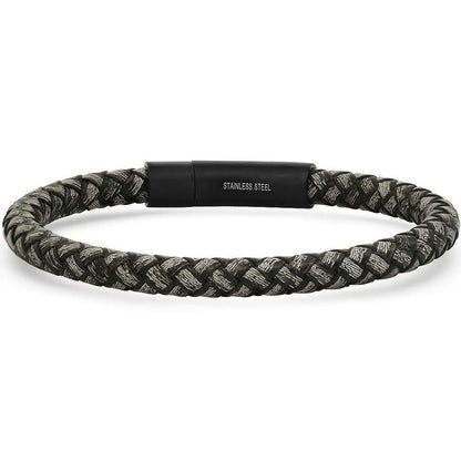 Men's Braided Black/Gray Leather and Black IP Stainless Steel Clasp Bracelet - Cartsfy Inc.