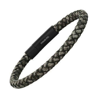 Men's Braided Black/Gray Leather and Black IP Stainless Steel Clasp Bracelet - Cartsfy Inc.