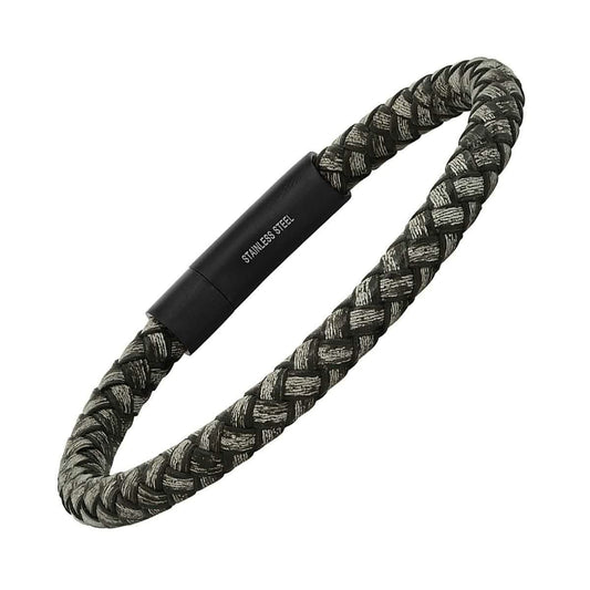 Men's Braided Black/Gray Leather and Black IP Stainless Steel Clasp Bracelet - Cartsfy Inc.