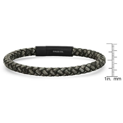 Men's Braided Black/Gray Leather and Black IP Stainless Steel Clasp Bracelet - Cartsfy Inc.