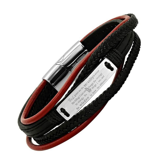 Men's Layered Leather With Stainless Steel Serenetiy Prayer Id Bracelet - Cartsfy Inc.