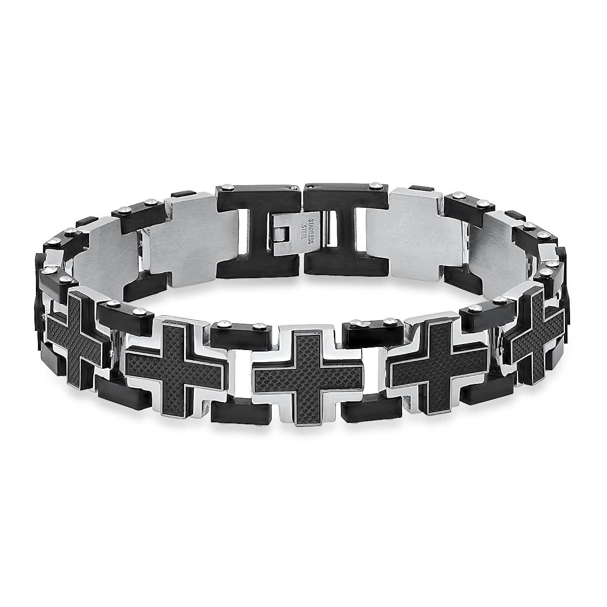 Men's Two Tone Black IP Stainless Steel and Black Carbon Fiber Cross Links Bracelet - Cartsfy Inc.