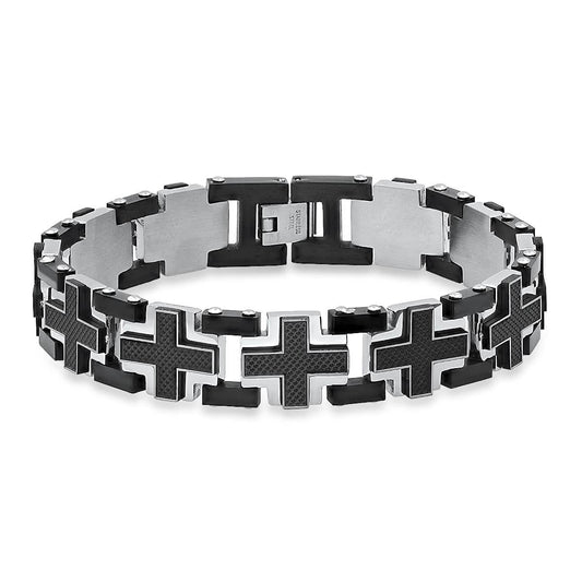 Men's Two Tone Black IP Stainless Steel and Black Carbon Fiber Cross Links Bracelet - Cartsfy Inc.