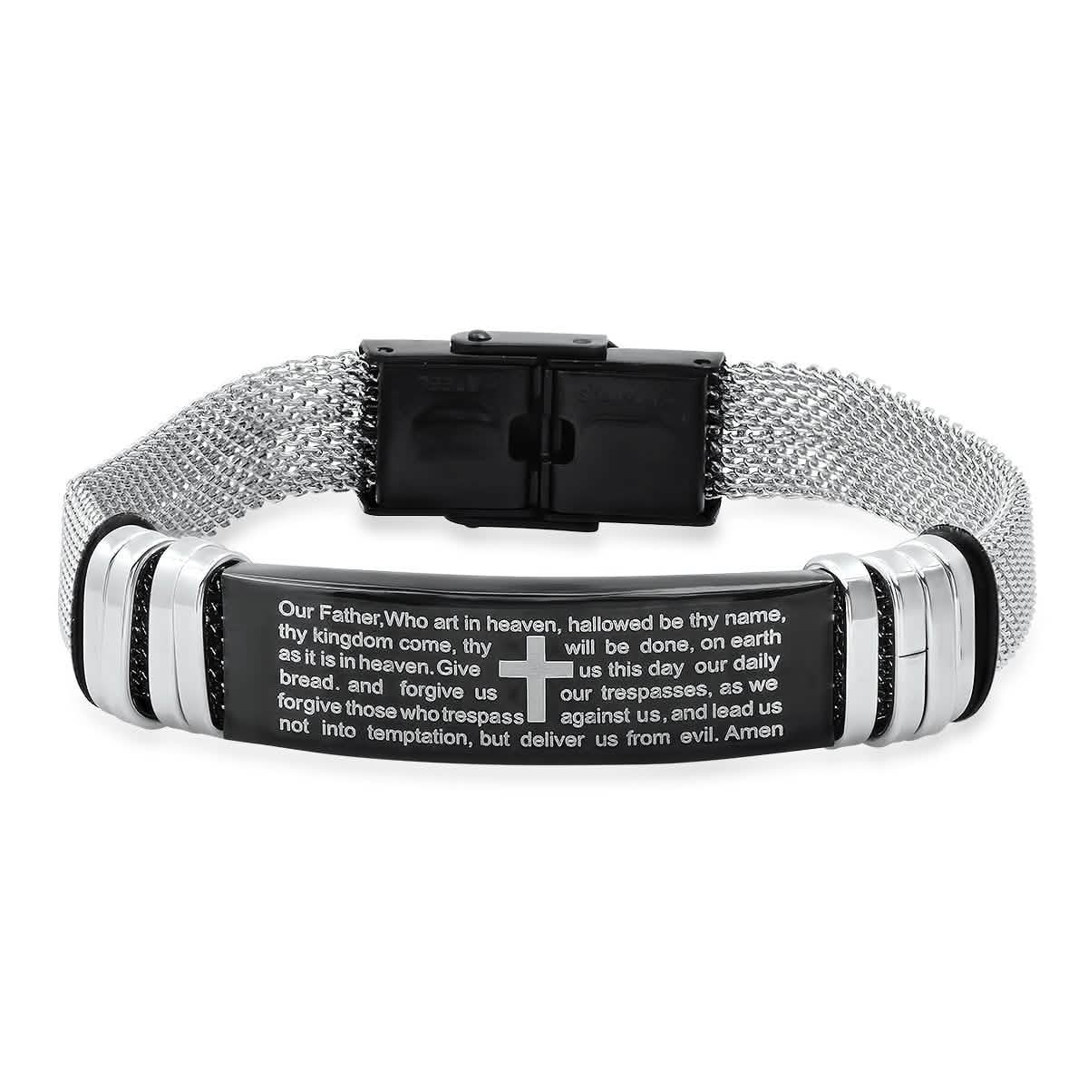 Men's Two Tone Stainless Steel and Black IP Our Father Prayer Mesh Bracelet - Cartsfy Inc.