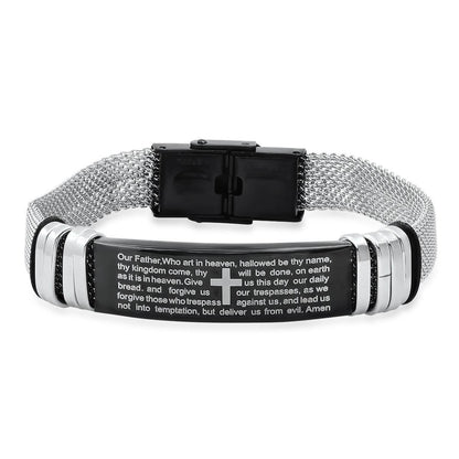 Men's Two Tone Stainless Steel and Black IP Our Father Prayer Mesh Bracelet - Cartsfy Inc.