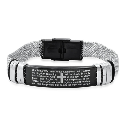 Men's Two Tone Stainless Steel and Black IP Our Father Prayer Mesh Bracelet - Cartsfy Inc.