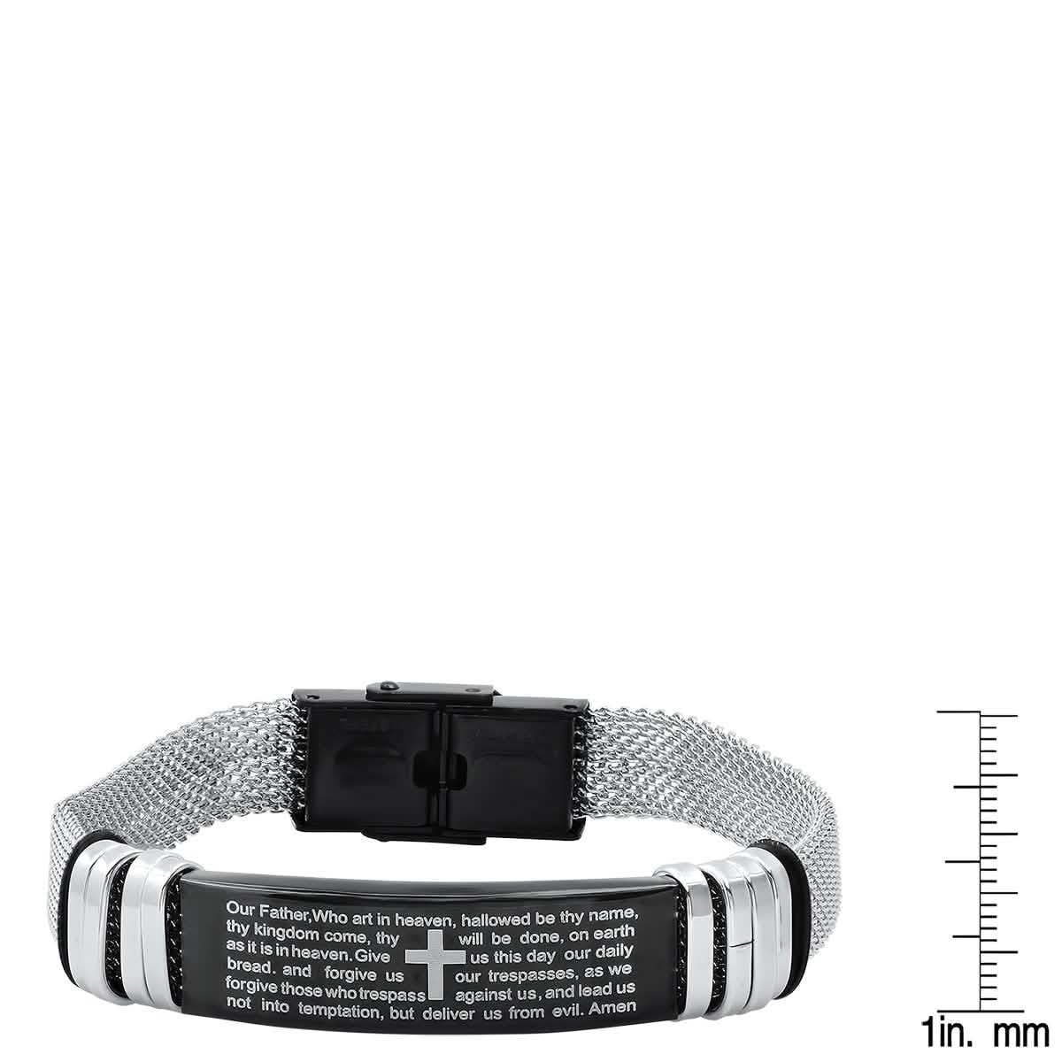 Men's Two Tone Stainless Steel and Black IP Our Father Prayer Mesh Bracelet - Cartsfy Inc.