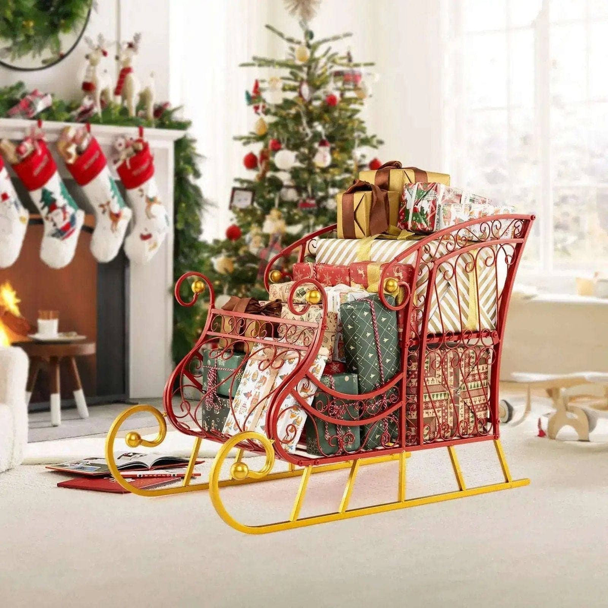 Metal Christmas Santa Sleigh Basket 2-Tier Xmas Santa's Gift Storage Sleigh Cartsfy Inc.