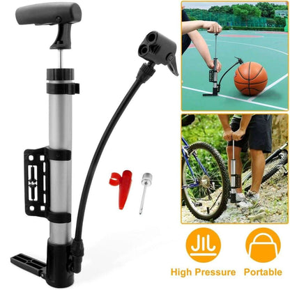 Portable mini bike tire inflator pump with hose, nozzle head, and red air needle.