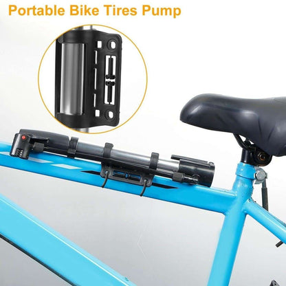Portable bike tire pump with padded handle and mount bracket on metal cylinder.