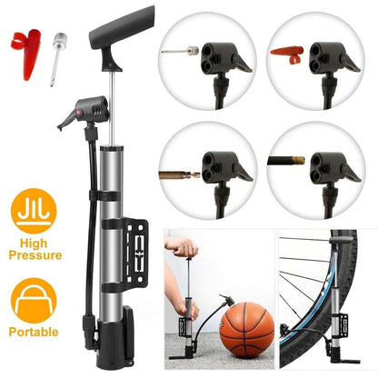 Mini bike tire inflator pump with detachable valve adapters and nozzle ends.