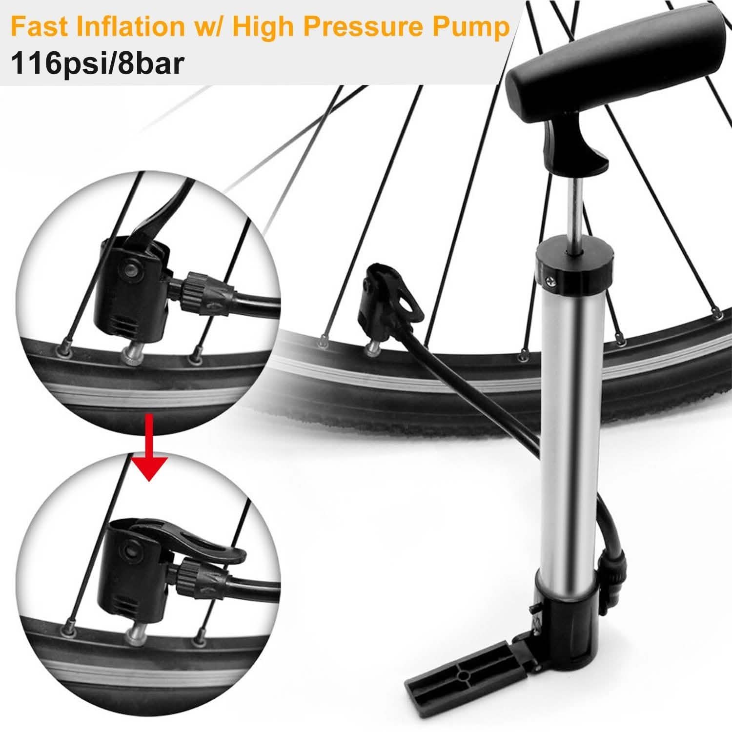 Portable high-pressure bike tire pump with long metal cylinder and nozzle hose.