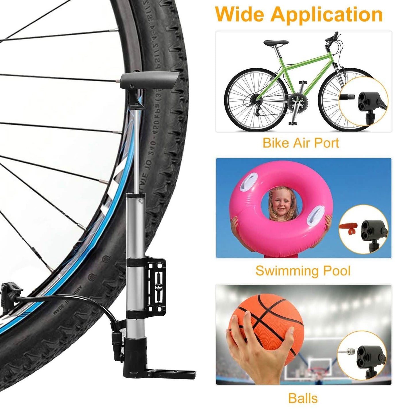 Bike tire inflator pump with flexible hose and valve connection at the wheel.