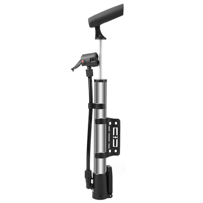Standing portable mini bike pump with black handle, silver body, and wall mount