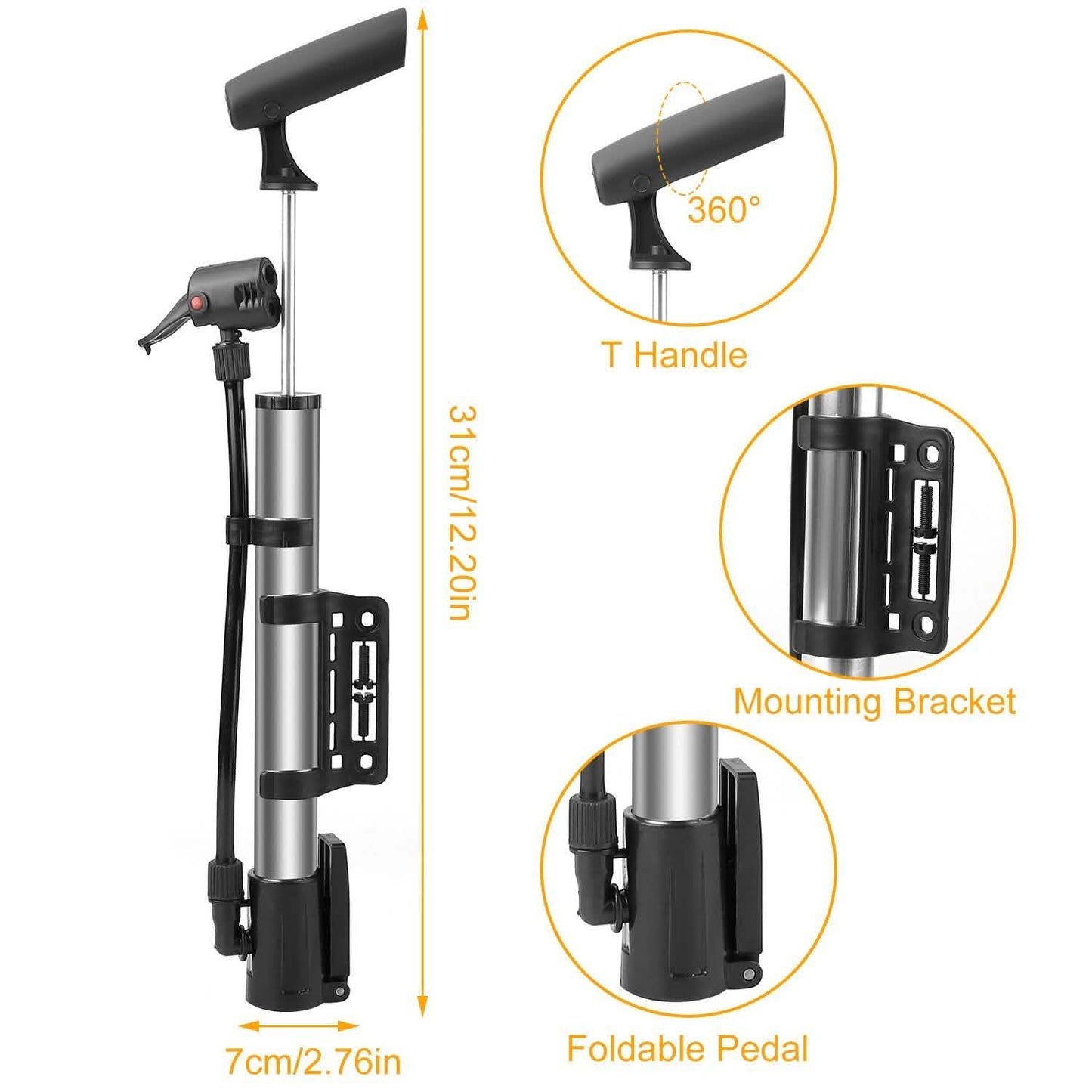 Portable bike tire pump with 360° handle, mounting bracket, and foldable pedal.