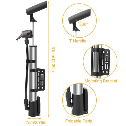 Portable bike tire pump with 360° handle, mounting bracket, and foldable pedal.