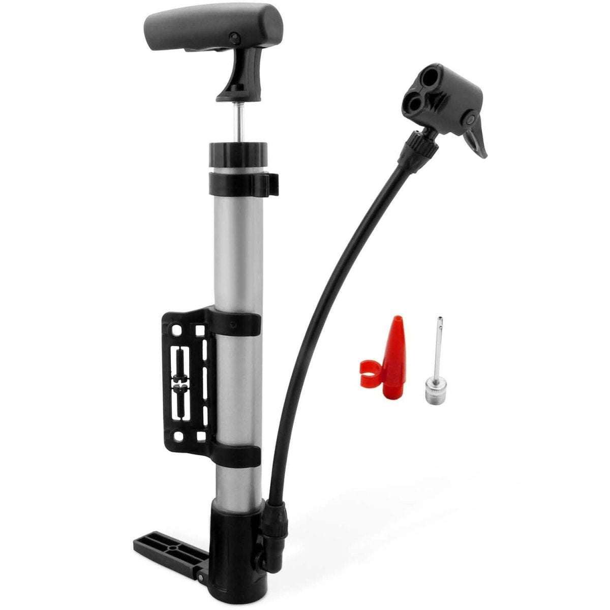 Portable mini bike tire inflator pump with hose and valve head, silver and black.