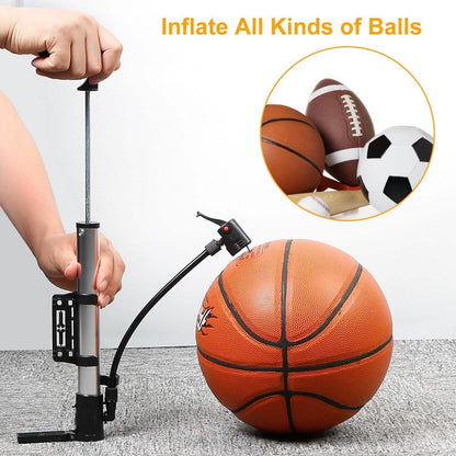 Mini bike tire inflator pump held upright, with hose and nozzle attachment.