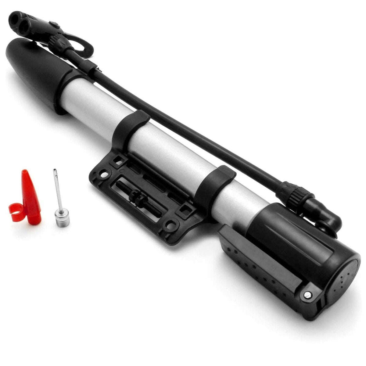 Portable mini bike pump with silver barrel and black nozzle, plus valve adapters