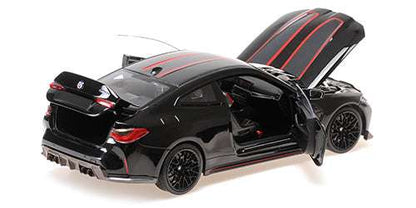 Black die-cast BMW M4 CSL coupe with red stripes, hood and door open, side view