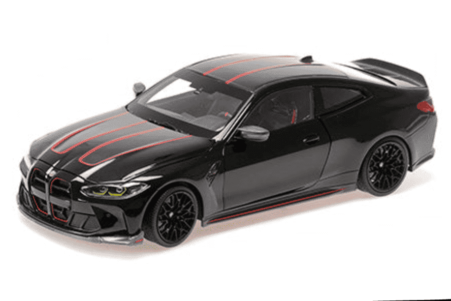 Black die-cast BMW M4 CSL coupe model with red racing stripes, front 3/4 view