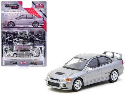 Mitsubishi Lancer Evolution IV Silver Metallic with Tarmac Cards "Global64" Series 1/64 Diecast Model by Tarmac Works Cartsfy Inc.