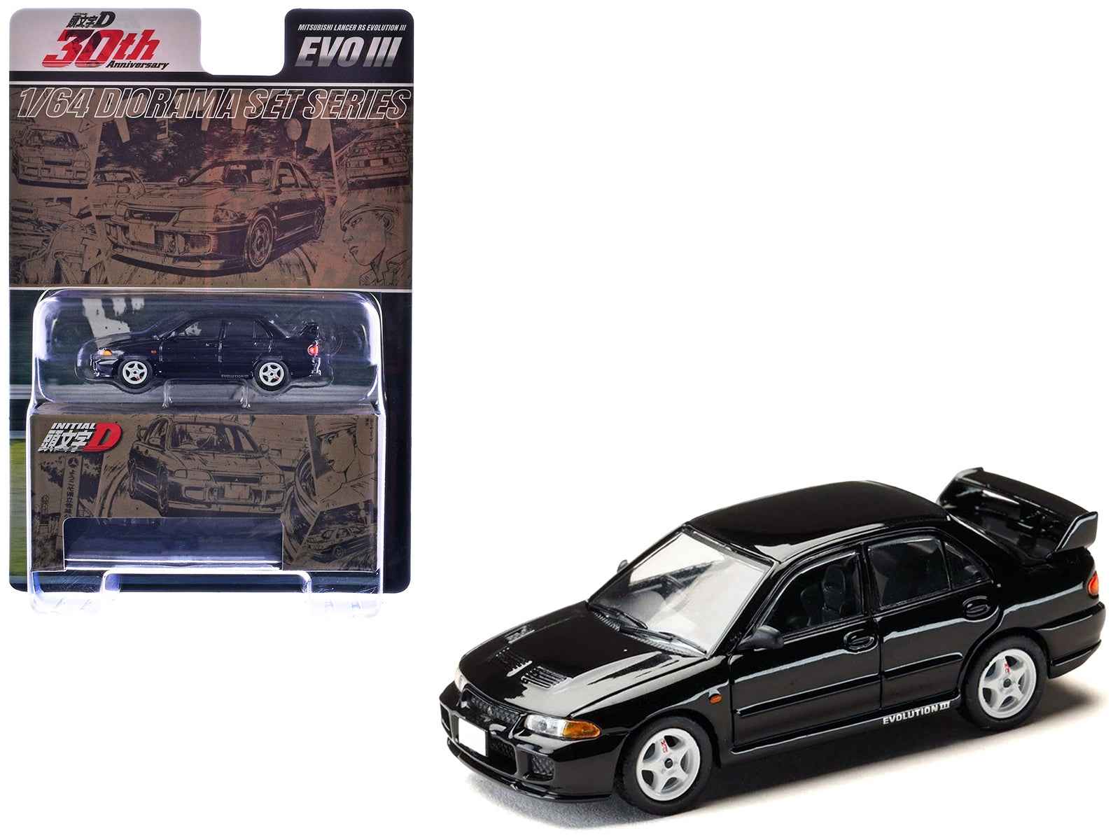 Mitsubishi Lancer RS Evolution III RHD (Right Hand Drive) Black "Initial D" (1995-2013) Manga "Diorama Set Series" 1/64 Diecast Model car by Hobby Japan Cartsfy Inc.